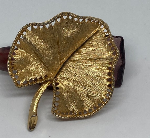 Vintage BSK Signed Brushed Gold Tone Leaf Brooch;… - image 4