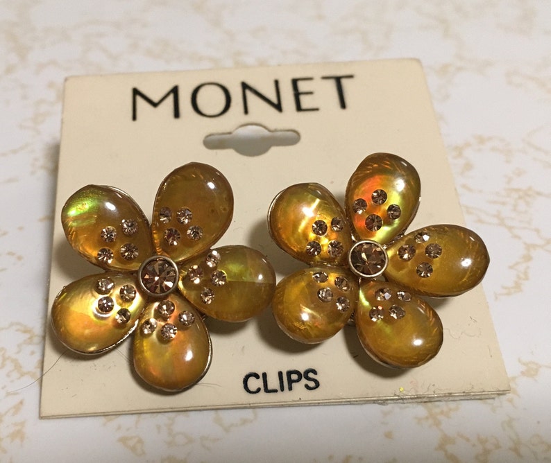 MONET Vintage Honey Amber Polished Lucite Jelly Belly and Rhinestone Flower Clip On Earrings image 1