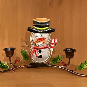 Vintage Metal Christmas Candle Holder; Vintage Snowman, Holly and Berry Christmas Candle Holder