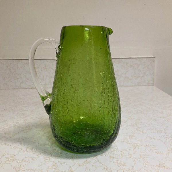 Blenko Vintage Grass Green Crackle Glass Pitcher, 7 Inch Green Blenko Pitcher With Clear Applied Handle, Rare