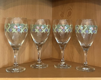 Pfaltzgraff Garden Party Stemmed Wine Glasses, Set of Four; Wine Glasses Decorated With Trellis, Cherries and Flowers