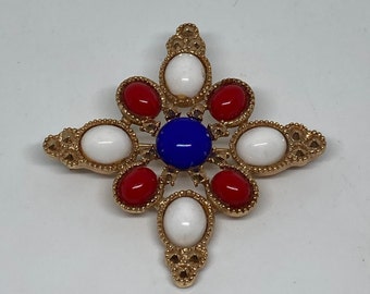 Sarah Coventry Vintage Red White and Blue Maltese Cross Brooch; Vintage Patriotic Pin, 1970s