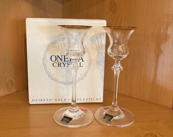 Oneida Crystal Vintage Heiress Gold 6 Inch Candlesticks With 18K Gold Band, Made in Austria, New, Unused in Original Box