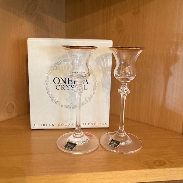 Oneida Crystal Vintage Heiress Gold 6 Inch Candlesticks With 18K Gold Band, Made in Austria, New, Unused in Original Box