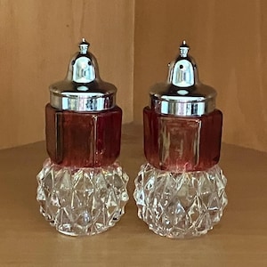 Indiana Glass Vintage Diamond Point Ruby Salt and Pepper Shakers; Pressed Glass With Ruby Band and Chrome Plated Tops