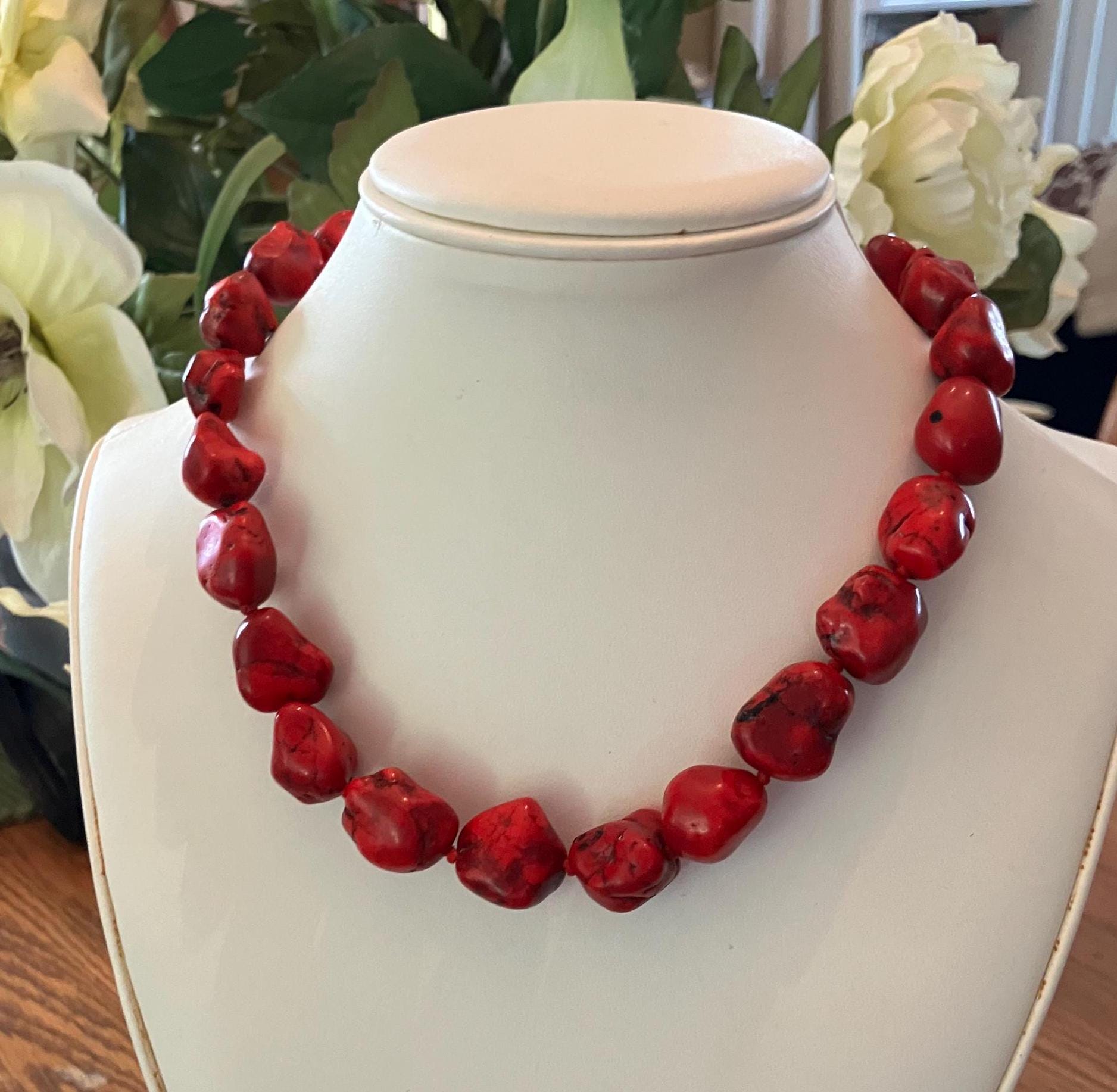 Vintage Dyed Red Howlite Nugget Necklace; Red Chunky Semi Precious 