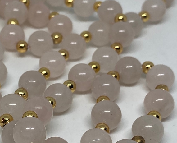 Rose Quartz Vintage Beaded Necklace With Gold Ton… - image 1