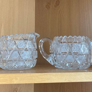 Antique ABP American Brilliant Period Cut Glass Creamer and Sugar Bowl; Sawtooth Hobstar Criss Cross Coffee Set
