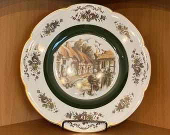 Wood and Sons England ASCOT Service Plate or Charger, Village Scene; Gold Trimmed Scalloped Ironstone Cabinet Plate, 10 5/8 Inches