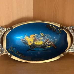 Vintage Israel Made Ornate Blue Enameled Brass Double Handled Pedestal Bowl; Handmade Judaica, 1960s