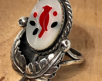 Vintage Native American Sterling Silver Mother of Pearl and Inlaid Coral and Black Onyx Cardinal or Red Bird Statement Ring, Artist Signed