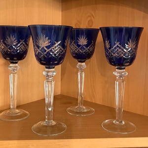Bohemian Cobalt Blue Cut to Clear Glass Wine Goblets, Set of Four; Vintage Elegant Stemmed Wine Glasses