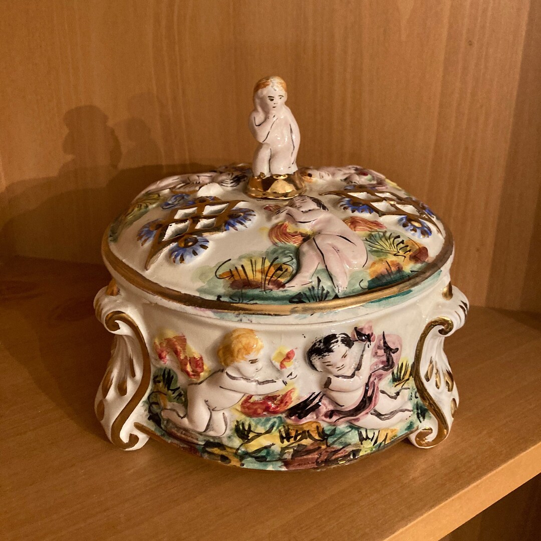 Italian Capodimonte Lidded Candy Dish With Cherub Finial Vintage Ornate