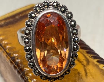 Vintage Sterling Silver and Marcasite Oval Brilliant Cut Citrine Cocktail or Statement Ring, Size 6 1/2 Gemstone Ring