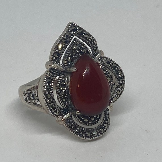 Sterling Silver Carnelian Marcasite Statement Rin… - image 1