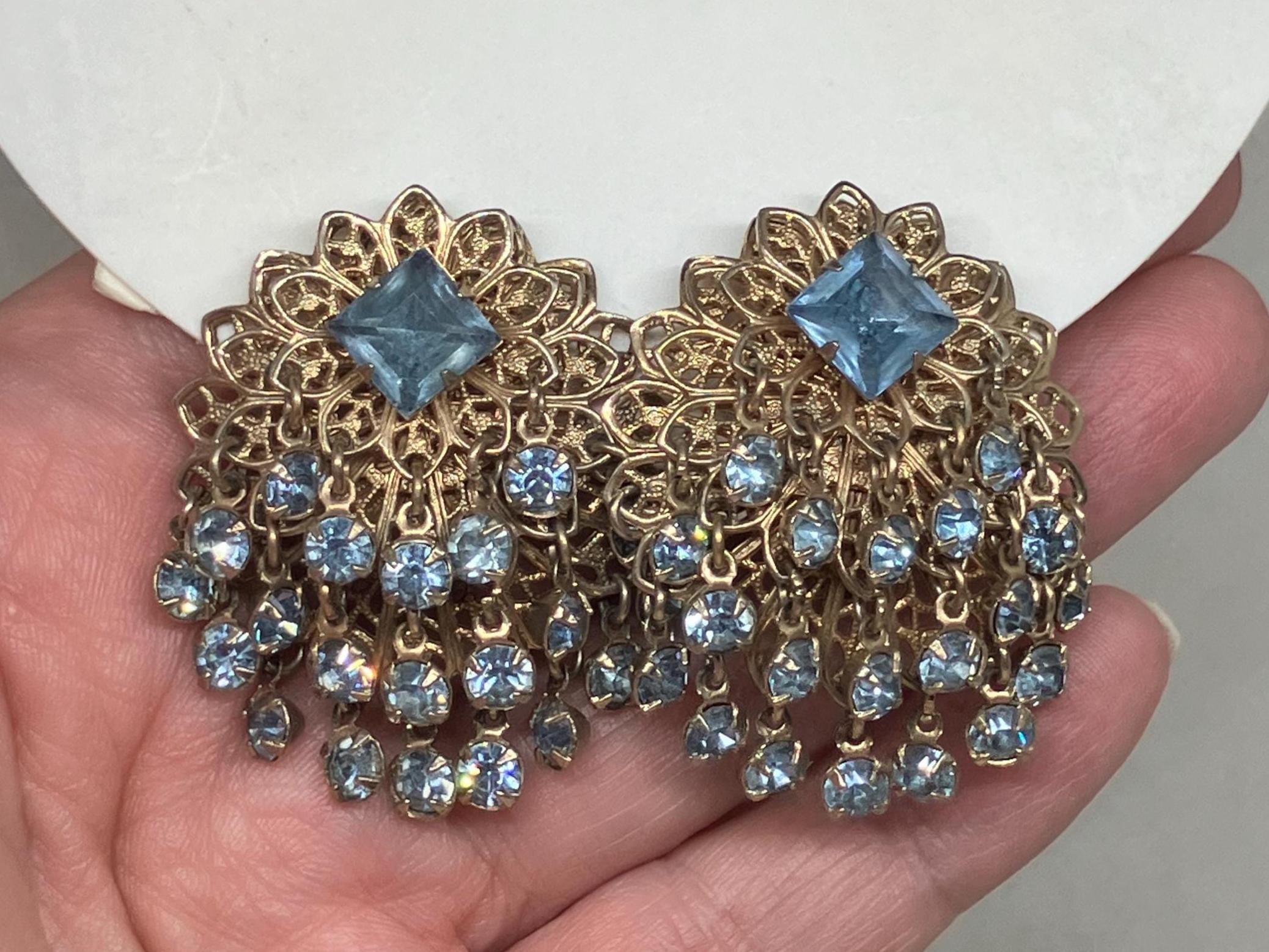 Vintage Gold Tone Ice Blue Tiered Filigree Cha Cha Clip On Earrings; Fun Midcentury Layered Clip Ons