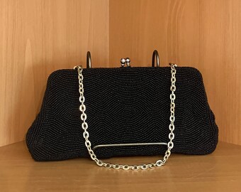 Vintage Black Seed Bead Evening Bag or Clutch With Austrian Crystal Accented Clasp; Elegant Black Clutch or Wristlet With Chain