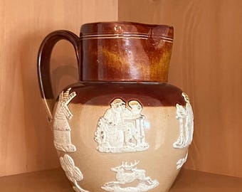 Royal Doulton Antique Lambeth Hunting Scene 32 Oz Stoneware Pitcher; 6 1/2 Inch Salt Glazed Brown and Tan Jug, Early 1900s