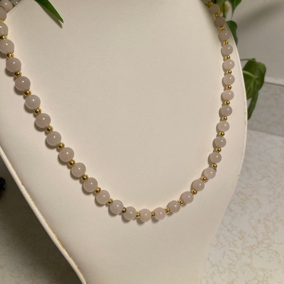 Rose Quartz Vintage Beaded Necklace With Gold Ton… - image 3