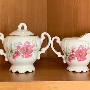 Victorian Style Vintage Porcelain Cream Pitcher and Sugar Bowl; Embossed Pink Floral Cream and Sugar