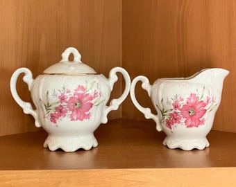 Victorian Style Vintage Porcelain Cream Pitcher and Sugar Bowl; Embossed Pink Floral Cream and Sugar