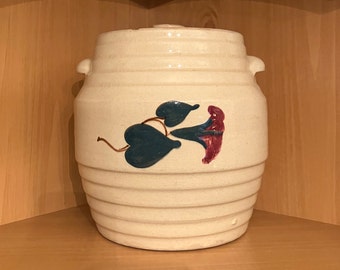 Robinson Ransbottom Pottery Antique Stoneware Morning Glory Cookie Jar With Spaulding Advertisement Lid; Large Pottery Cookie Jar, 1920s