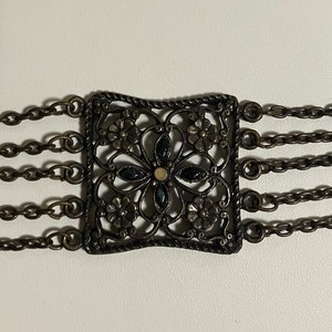 Vintage Brassy Silver Tone Multi Strand Ornate Filigree Bracelet; 7 1/2 Inch Victorian Revival Chain Bracelet With Floral Filigree