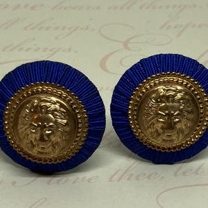 Vintage Gold Tone Lion Head Clip on Earrings; Blue Thread Wrapped Chunky Lion Head Clip Ons