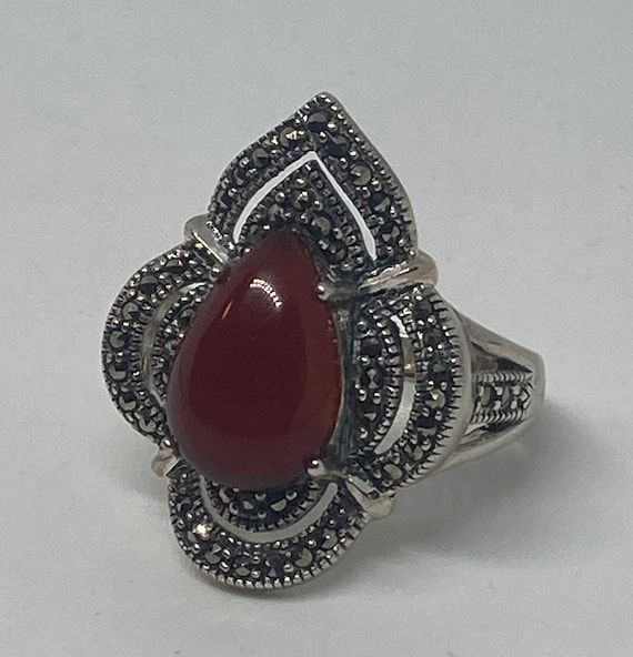 Sterling Silver Carnelian Marcasite Statement Rin… - image 3