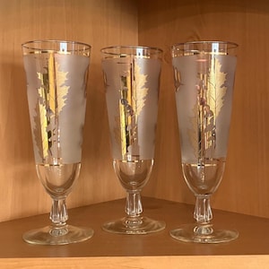 Libbey Vintage Frosted Golden Foliage Pilsner Glasses, Set of Three; Midcentury Modern MCM Gold Leaf Stemmed Beer Glasses, Stem 3003