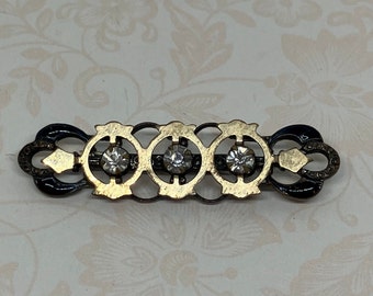 Antique Gold Tone Black Enameled Rhinestone Bar Brooch; Victorian Mourning Bar Brooch With C Clasp