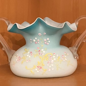 Victorian Antique Blue Satin Glass Double Handled Ruffled Vase With Enameled Flowers