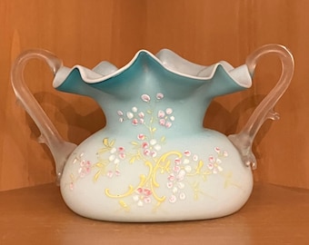Victorian Antique Blue Satin Glass Double Handled Ruffled Vase With Enameled Flowers