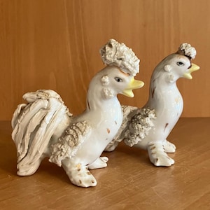 Vintage White Spaghetti Porcelain Roosters, Set of Two; Spaghetti Chicken Figurines, Midcentury, Japan