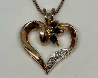 Ross Simons Vintage Sterling Silver Gold Vermeil Open Heart Sapphire and Diamond Accent Pendant on Sterling 18 Inch Chain