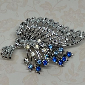 Vintage Silver Tone Blue and Clear Rhinestone Flower Bouquet Brooch; Sparkly Open Work Rhinestone Pin