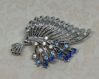 Vintage Silver Tone Blue and Clear Rhinestone Flower Bouquet Brooch; Sparkly Open Work Rhinestone Pin