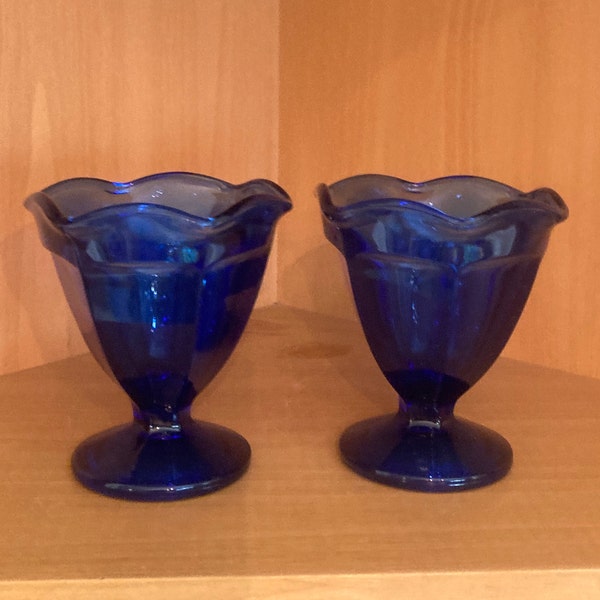Anchor Hocking Vintage Cobalt Blue Fountainware Low Sherbert Cups, Set of Two; Vintage Cobalt Blue Pedestal Dessert Cups