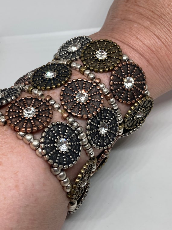 Wide Mixed Metal Disc and Rhinestone Stretch Cuff 