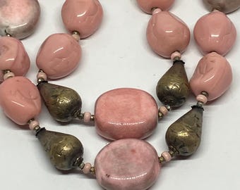 Miriam Haskell Signed Vintage Pink Poured Glass Beaded Necklace With Fancy Box Clasp; Designer Signed Rare Midcentury Necklace