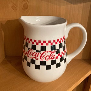 COCA COLA Vintage 8 Inch Water or Juice Pitcher; Gibson Housewares Coca Cola Red and Black Checkerboard Pitcher, 1996