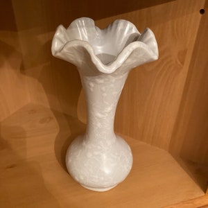 Shawnee Vintage Cameo Grey Ruffled Vase; Shawnee Pottery Splatter 9 Inch Crimped Vase 2512