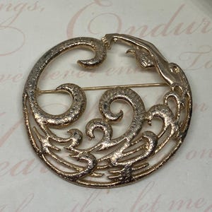 M Jent Vintage Gold Tone Stylized Mermaid Brooch; Large Open Work Figural Mermaid Pin