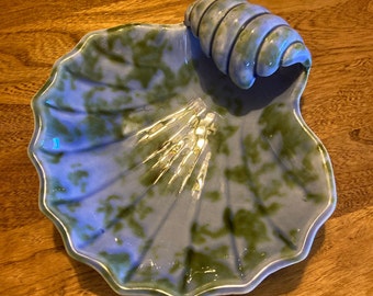 Stangl Vintage Art Pottery Scallop Shell Dish in Caribbean Pattern, Rare Stangl Shell Dish in Blue and Green 7 1/2 Inches