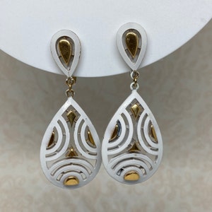 TRIFARI Signed Vintage Gold Tone White Enameled Drop Clip On Earrings; Open Work Teardrop Shaped Clip Ons, 1960s