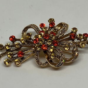 Vintage Orange and Yellow Gold Tone Rhinestone Brooch; Sparkly Flower Bouquet Brooch, 2 1/2 Inches