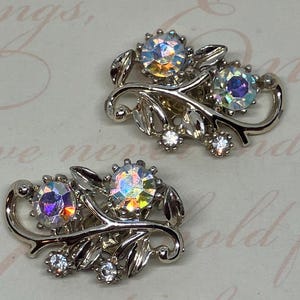 Coro Signed Vintage Silver Tone Rhinestone and Aurora Borealis (AB) Clip On Earrings; Sparkly Coro Flower and Leaf Clip Ons
