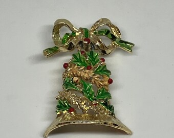 Gerry’s Vintage Enameled Christmas Bell Brooch; Midcentury Gerry's Signed Holiday Pin, 1960s