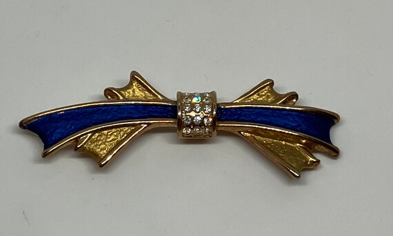 Vintage Gold Tone Bow Brooch With Blue Enamel and… - image 2