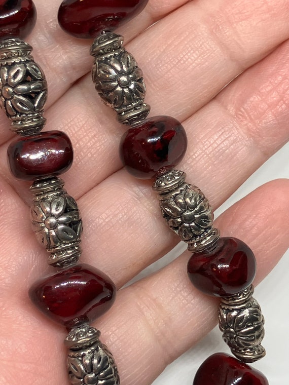 Vintage Cherry Red Glass Bead and Silver Tone Bal… - image 5